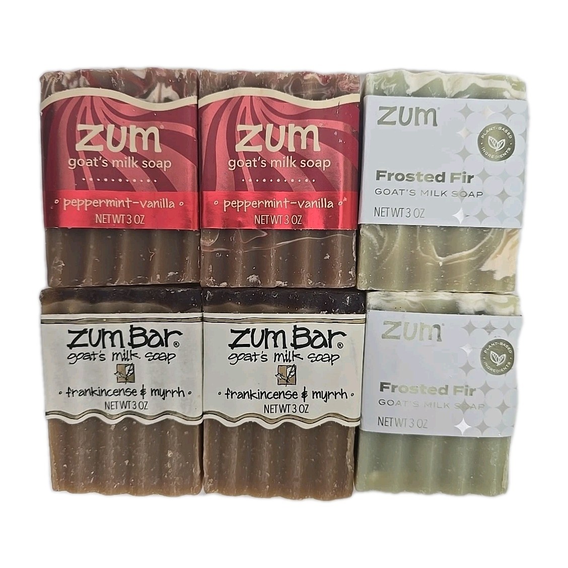 6-PACK Zum Goat’s Milk Soap Bar Peppermint Vanilla Frosted Fir Frankincense 3 oz