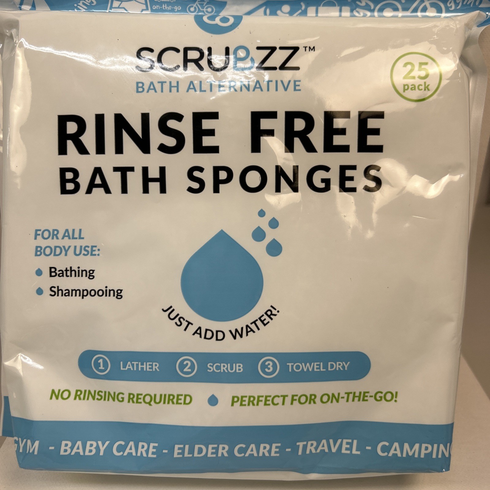 SCRUBZZ DISPOSABLE RINSE FREE TOTAL BODY BATH SPONGES 25 PACK – NEW