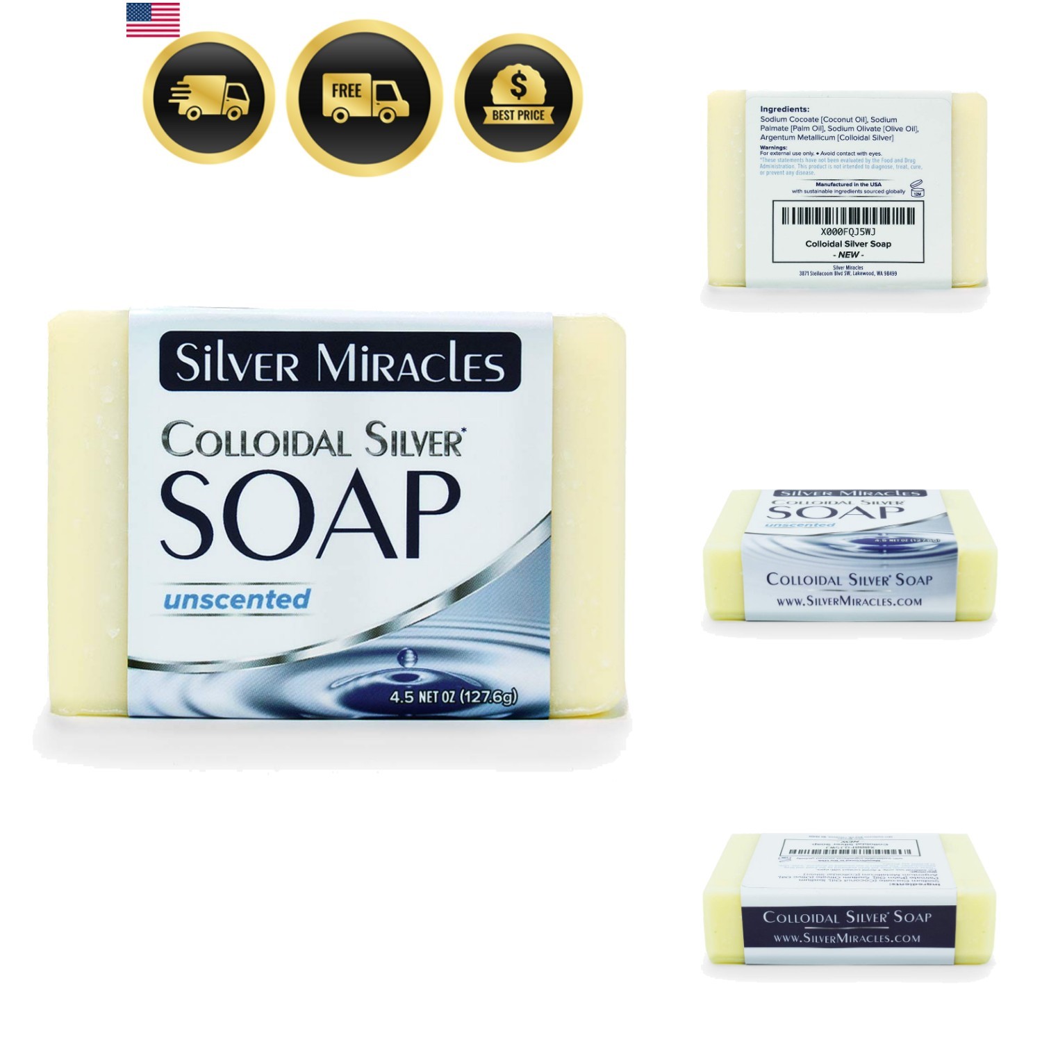 Colloidal Silver Soap Natural Sensitive Skin Unscented 4.5oz