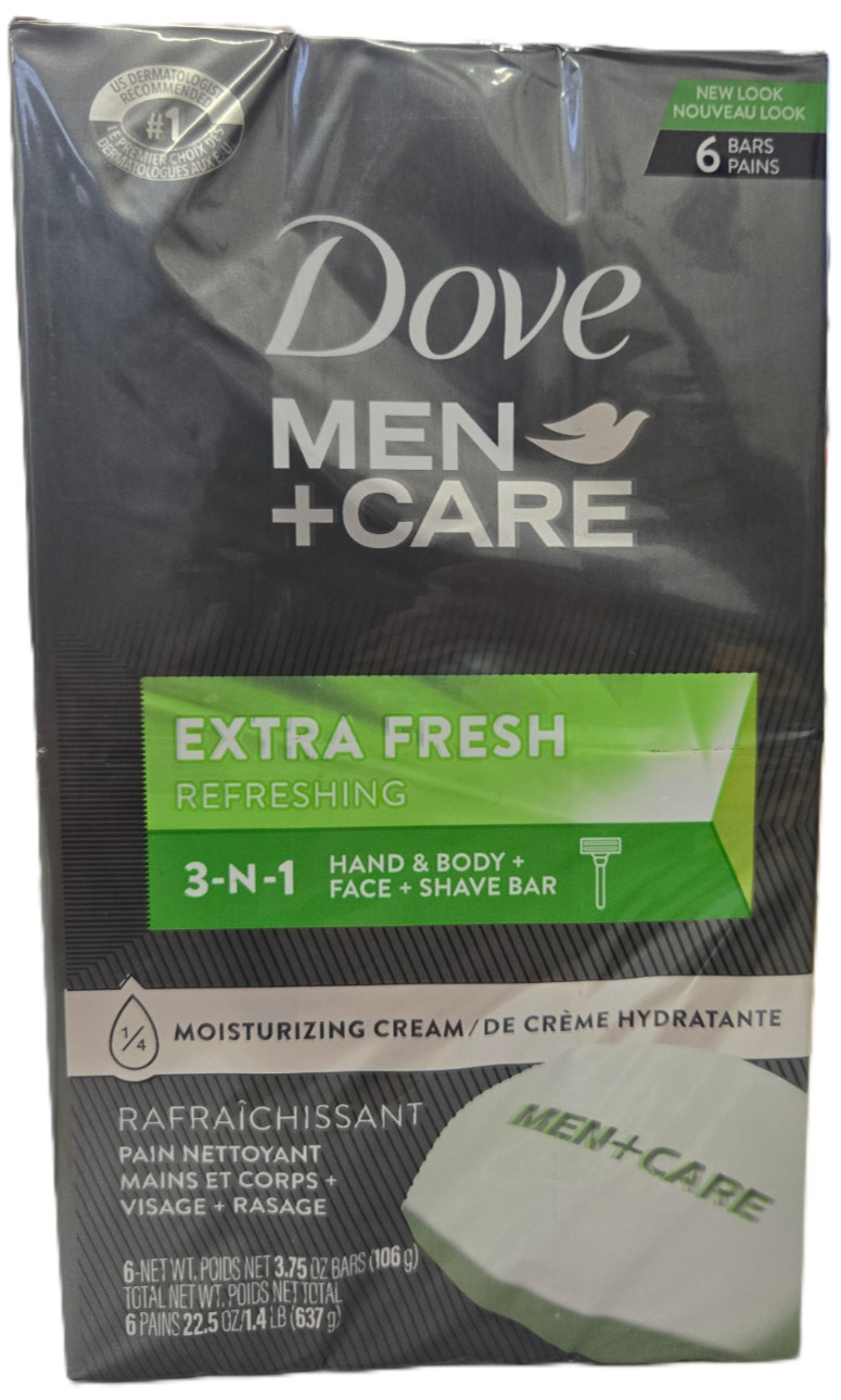6 Pack Dove Men+Care Extra Fresh Hand, Body & Face Bar Soap 3.75 oz Each