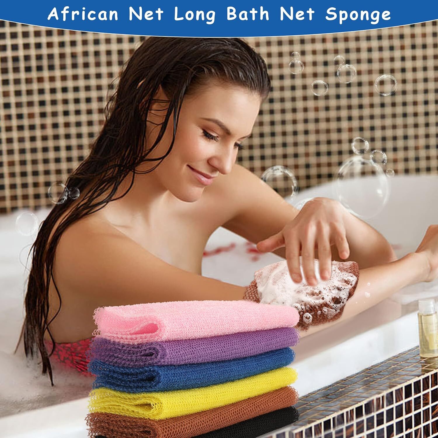 BHYTAKI 6 Pieces African Net Sponge A-6, Black+blue+brown+pink+yellow+purple