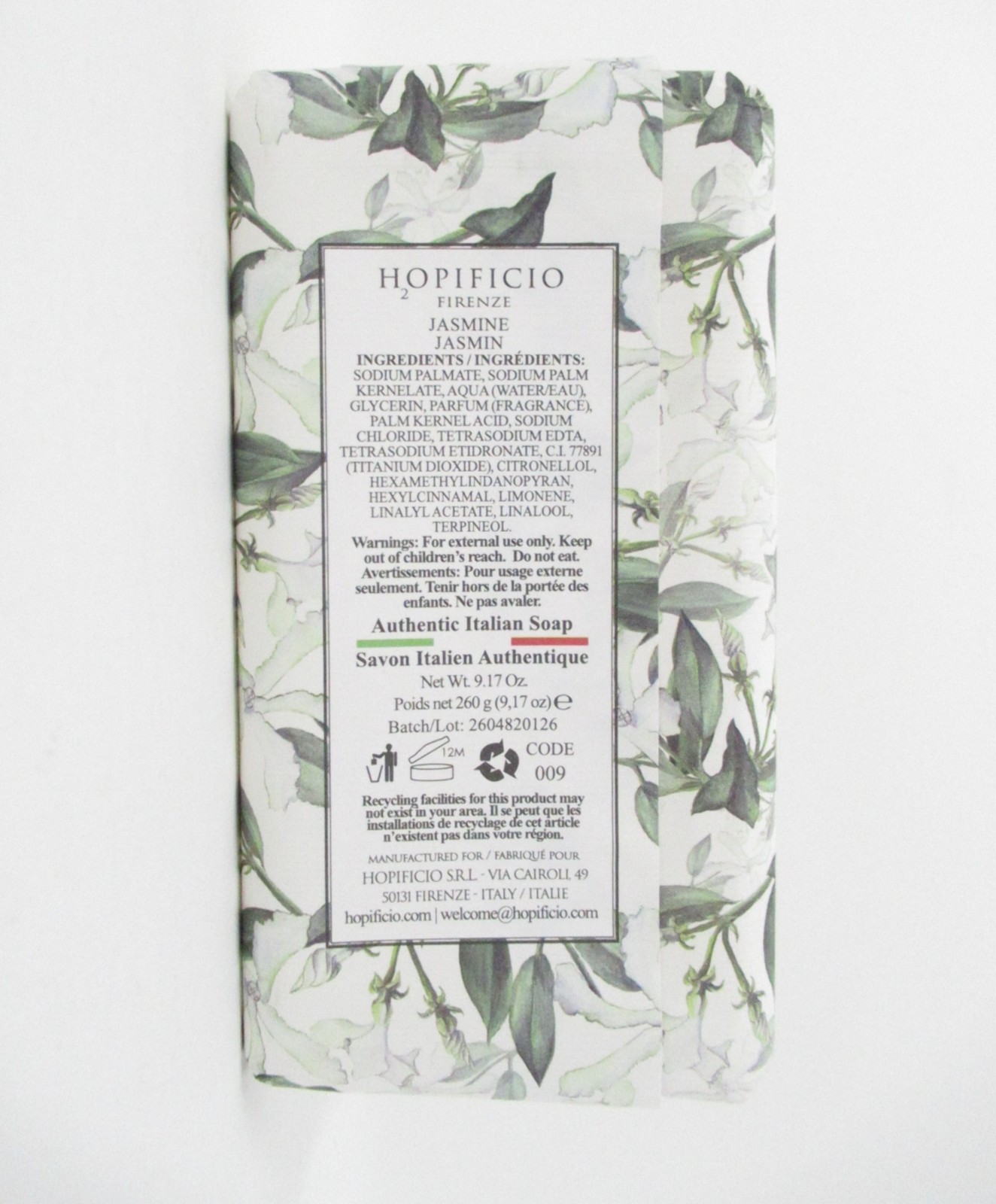 Hopificio Italian Luxury Bath Bar Soap Jasmine Jasmin scented 9.17 oz