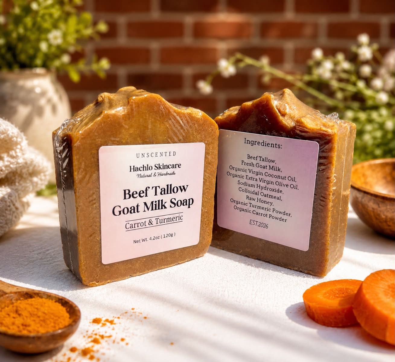 1 Bar Unscented Beef Tallow & Goat Milk Soap – Carrot & Turmeric