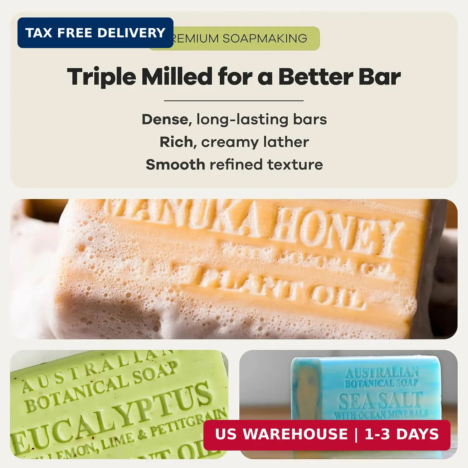 Australian Botanical Soap Variety Pack, 6.6 oz Bars – Goat Milk, Eucalyptus, Man