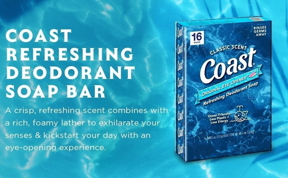 Coast Refreshing Deodorant Bar Soap Classic Scent, 32 Bars, 4 oz Each