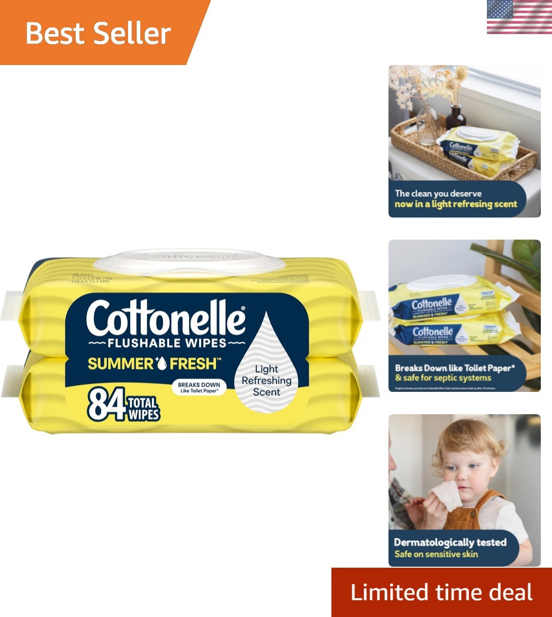 Summer Fresh Scented Flushable Wipes, 2 Flip-Top Packs, 42 Wet Wipes per Pack