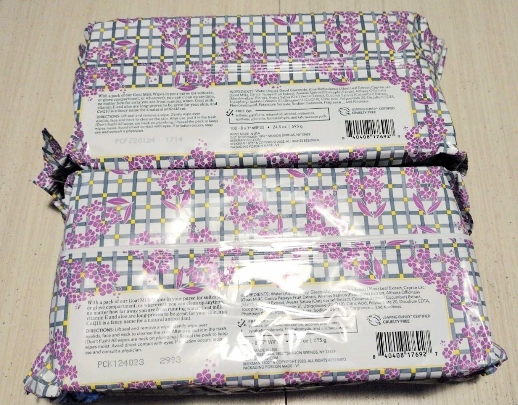 Beekman 1802 Goat Milk Facial Cleansing Wipes Lilac Dream 100 Count x 2 New