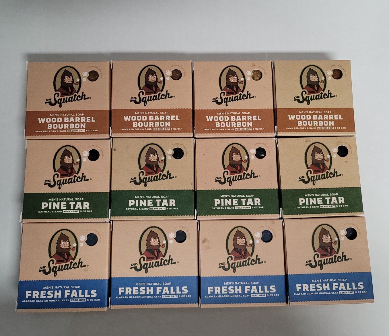 12 Bars DR. SQUATCH 4~WOOD BARREL, 4~PINE TAR, 4~FRESH FALLS