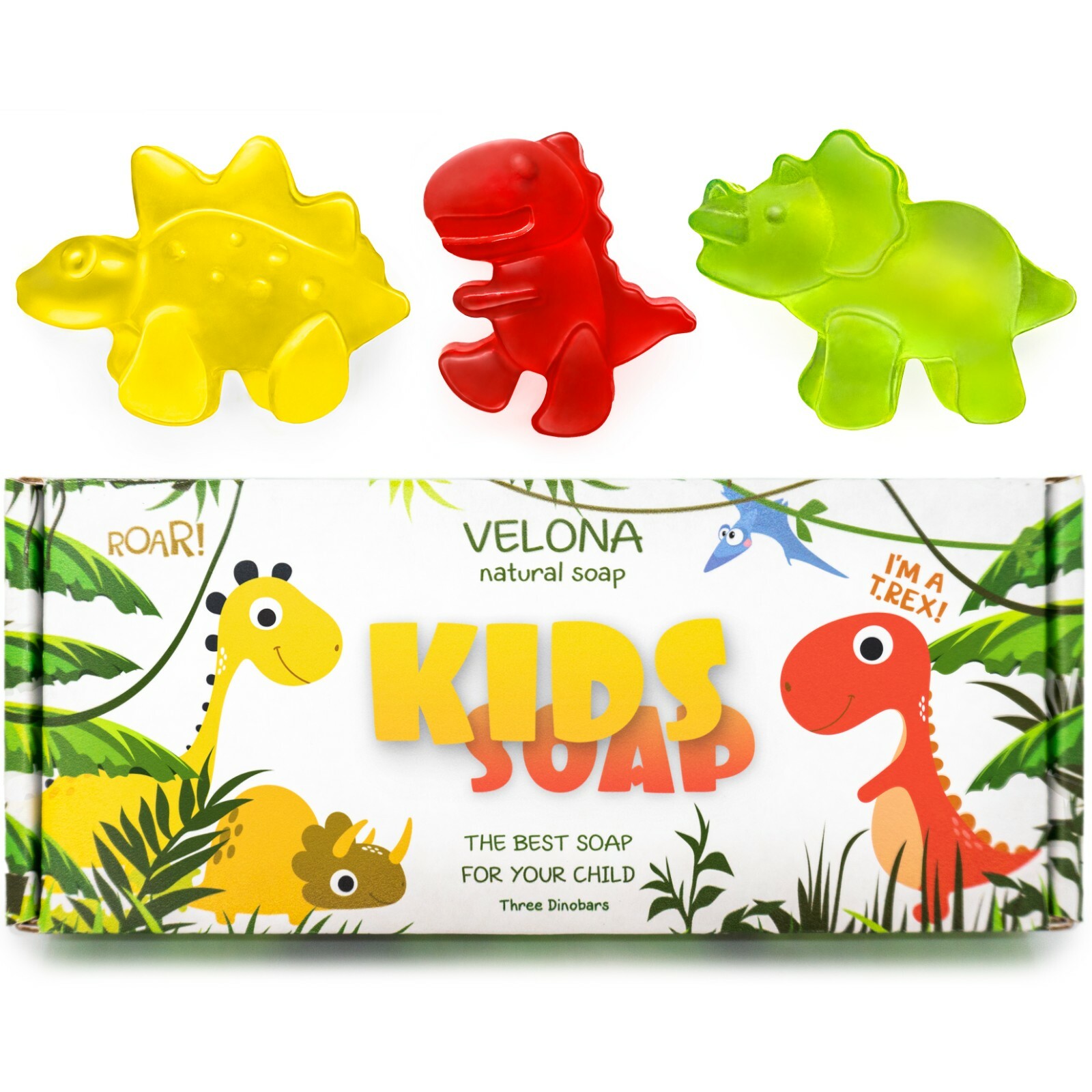 Velona Kids Soap – 3 Dinobars Gift For Girls and Boys Colored Dinosaurs All Skin