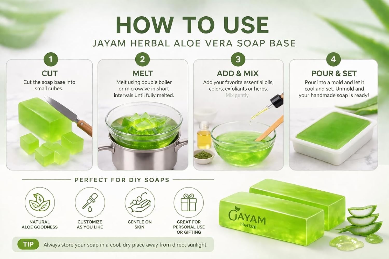 Jayam Herbal Aloe Vera Soap Base for DIY Soap Making – Melt Pour Glycerin 500g