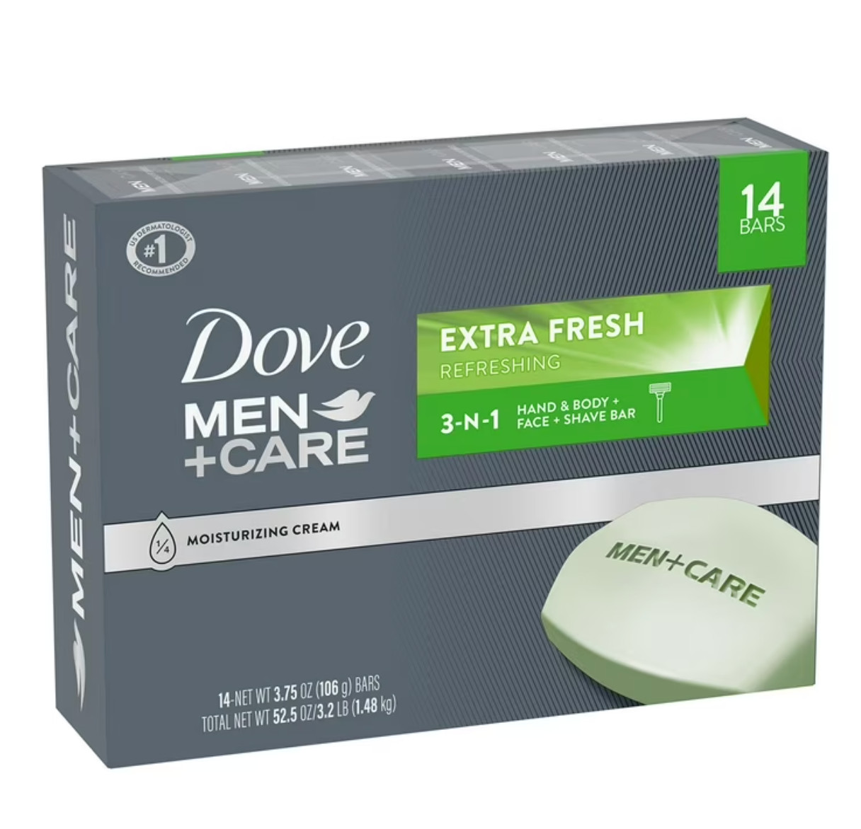 Dove Men Care Extra Fresh Bar Soap 14 Bars 3-in-1 Body Face Shave Hydrating Clea