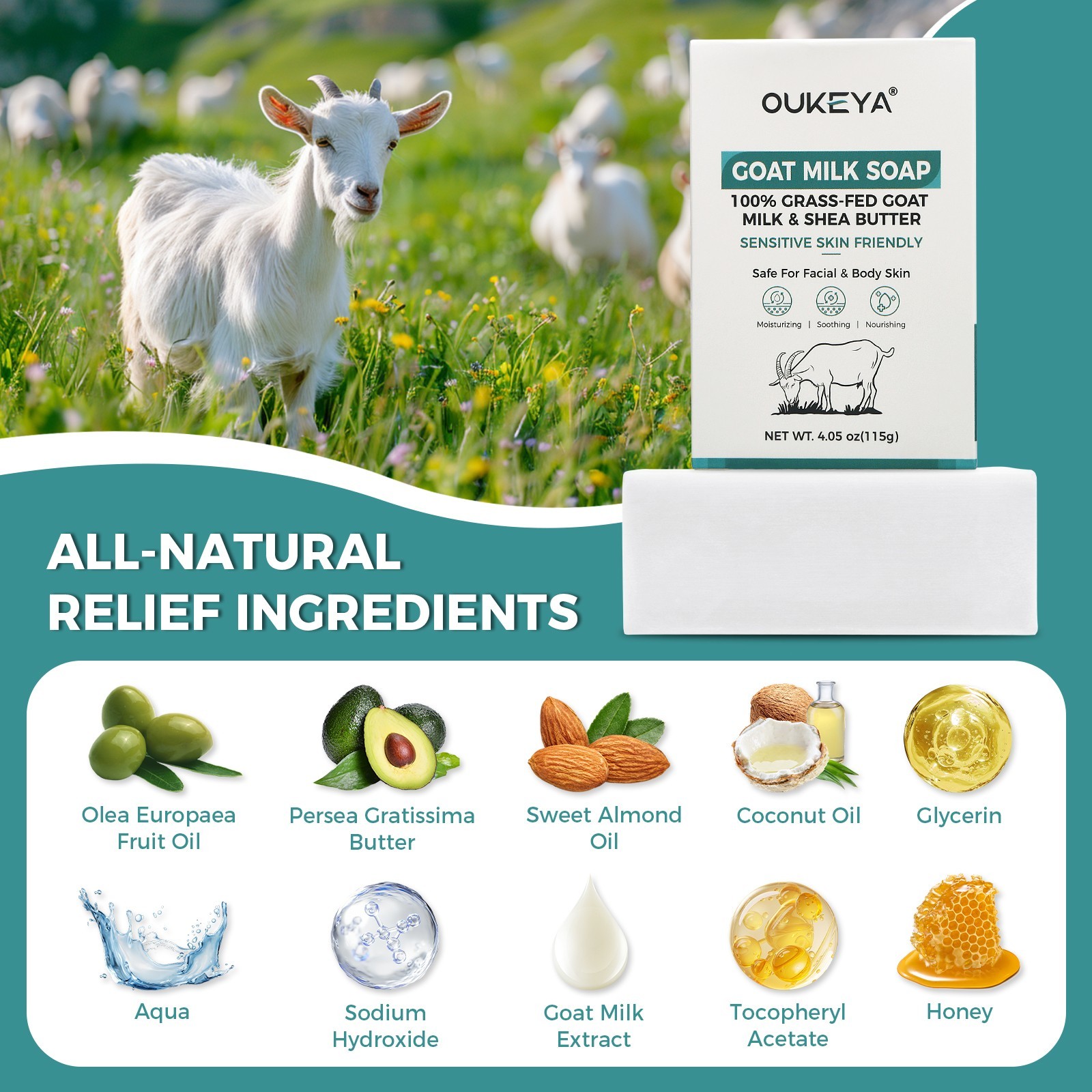 OUKEYA Goats Milk Soap Bar Bath Moisturizing, For Exfoliating &Brightening 115g