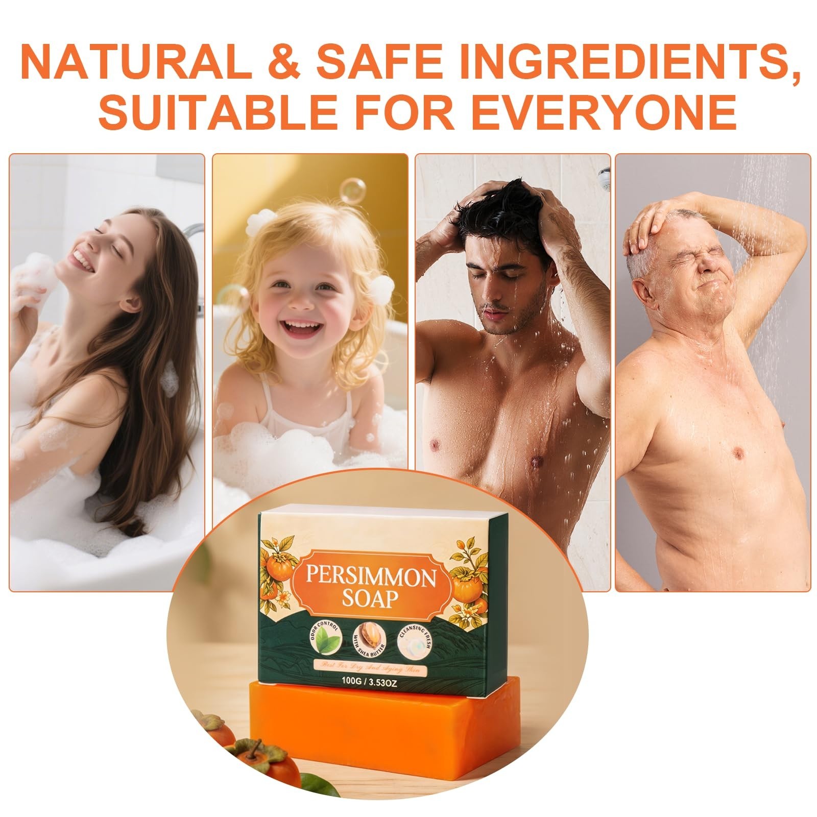 Natural Persimmon Soap 2PCS | Green Tea Extract Deodorizing Bar for All Skin Typ