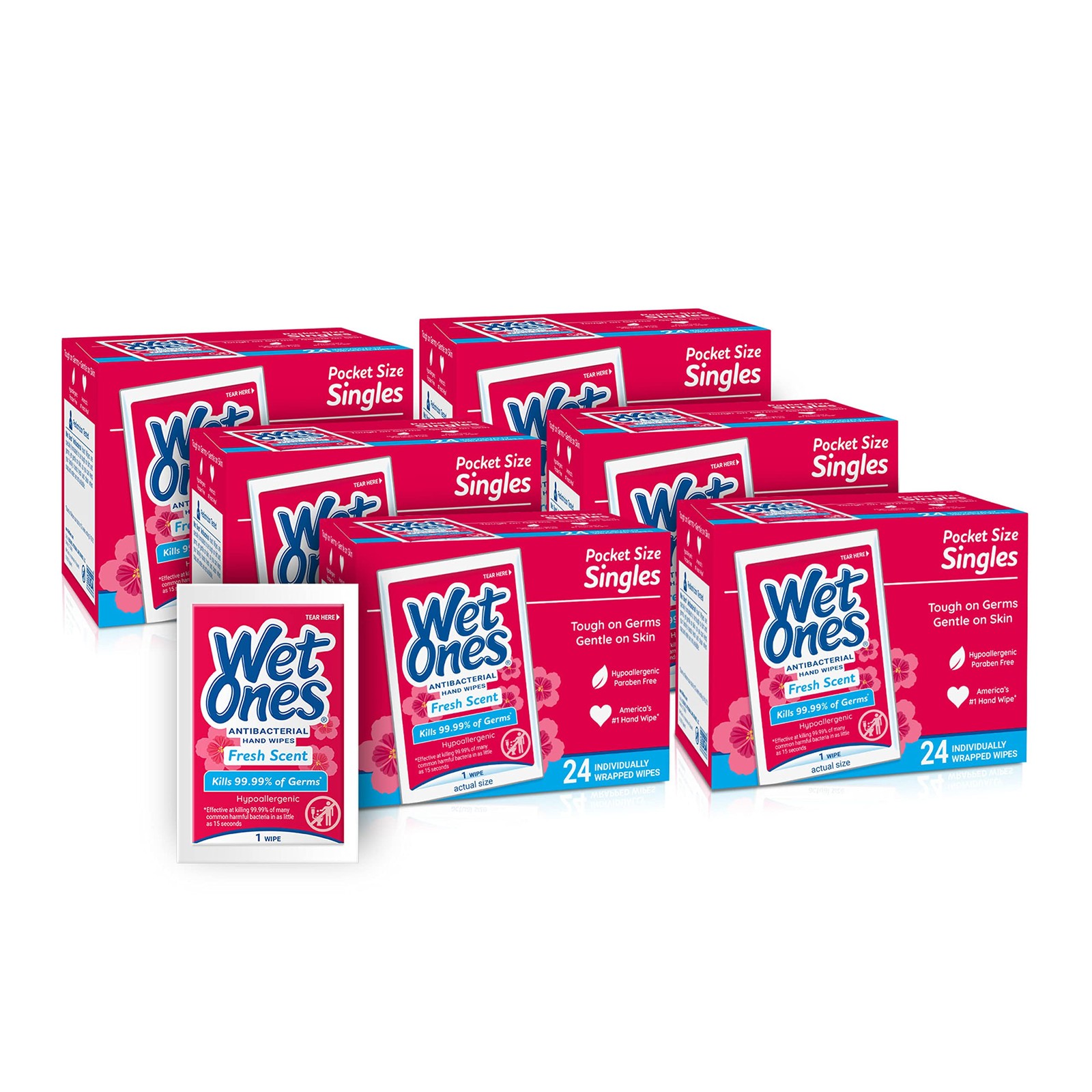 Wet Ones Antibacterial Hand Wipes, Fresh Scent | 24 Count (Pack of 6), White