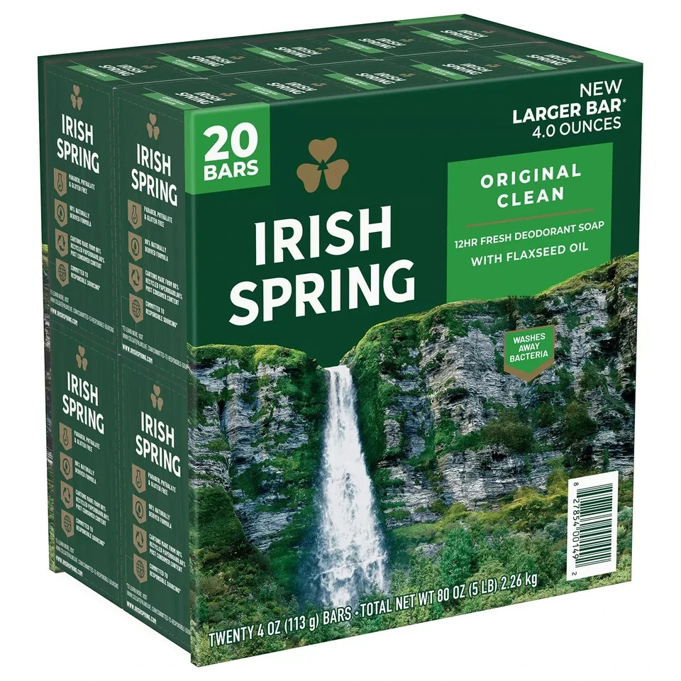 Irish Spring Bar Soap, Original Clean, New larger size bars (4 oz., 20 count)