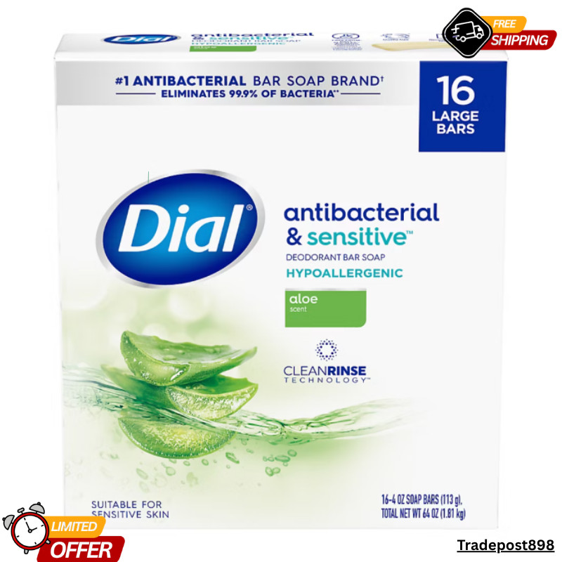 Dial Bar Soap Antibacterial & Sensitive with Aloe, 16 Pack/4 oz Each