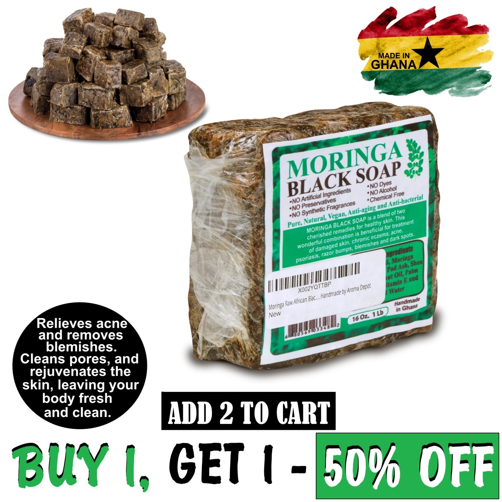 1 lb. MORINGA Black Soap Vegan Organic Unrefined 100% Natural Anti Acne/Fungus