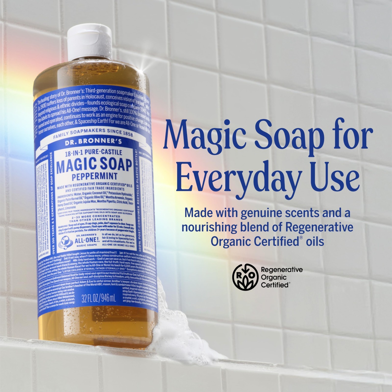 Pure-Castile Liquid Soap 32 oz (2-Pack) – Organic, Vegan, Non-GMO, Peppermint –