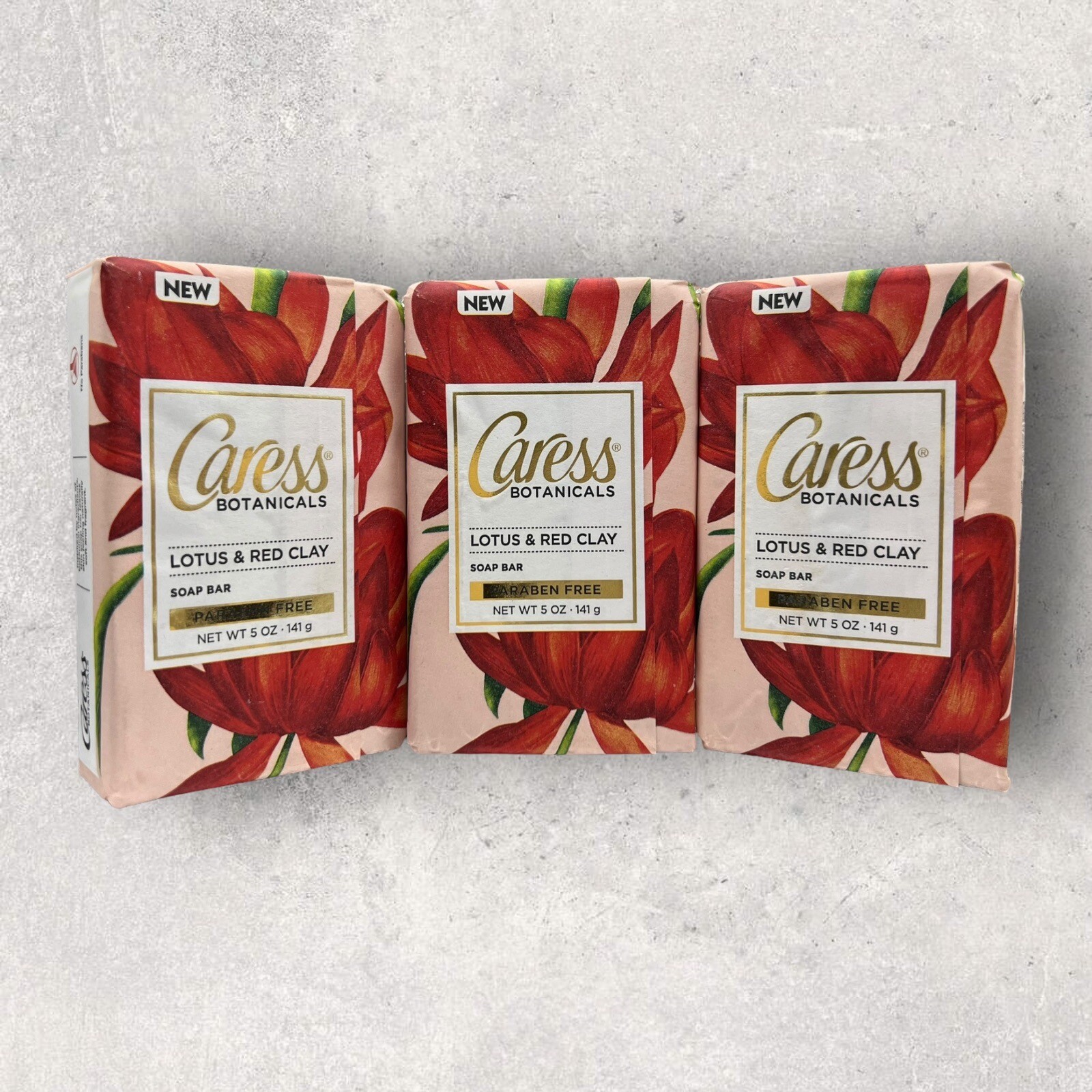 3 x Caress Botanicals Lotus & Red Clay Bar Soap 5 oz New