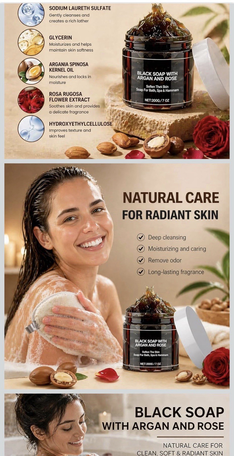 “Moroccan Black Soap Paste Beldi Soap Natural Face Body 100% Pure”
