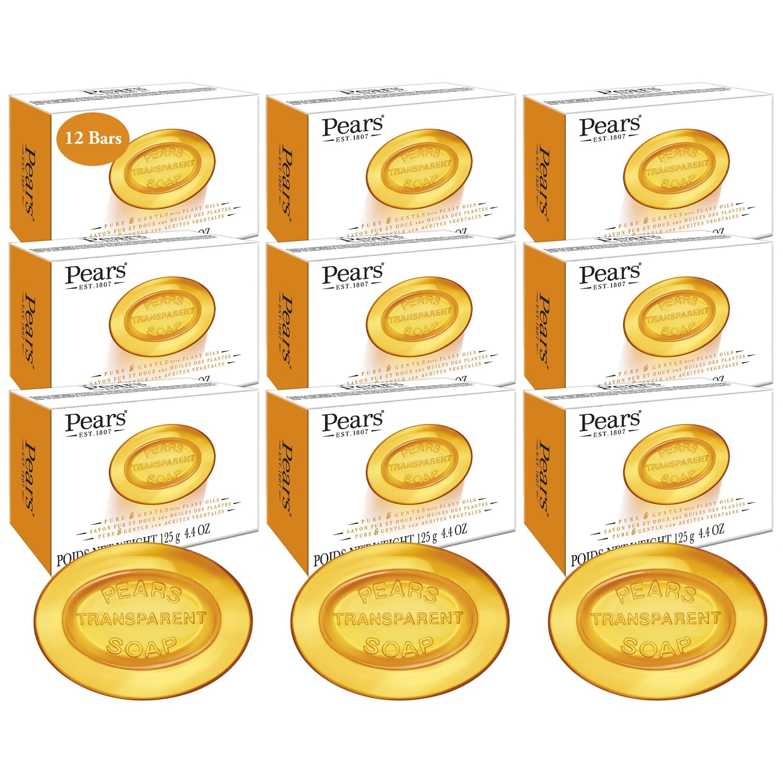 Pears Glycerin Soap, Amber, 12-Pack, 4.4 Oz Each – Gentle Cleanser