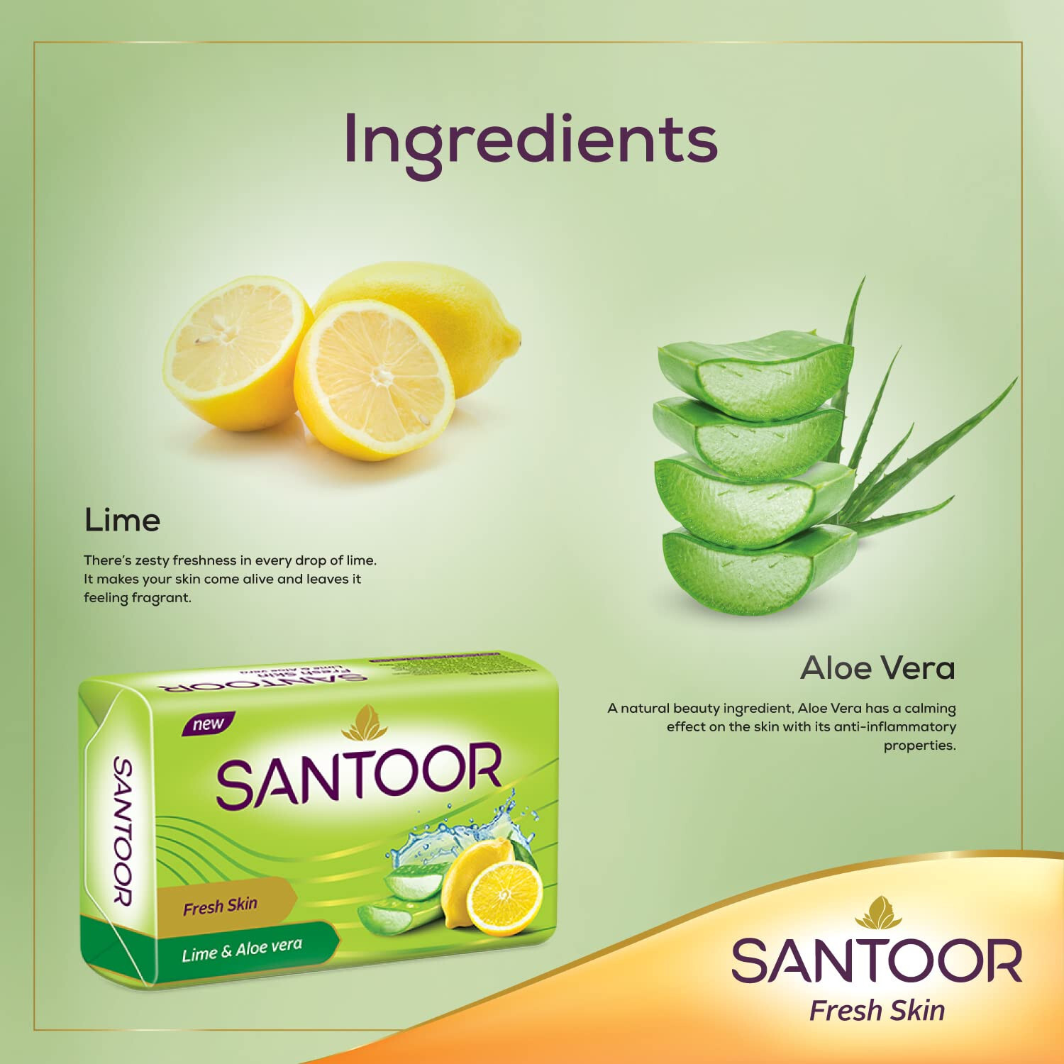 6No. Santoor Fresh Skin Aloe Vera & Lime Bathing Soap -Anti Ageing -125g -Free S