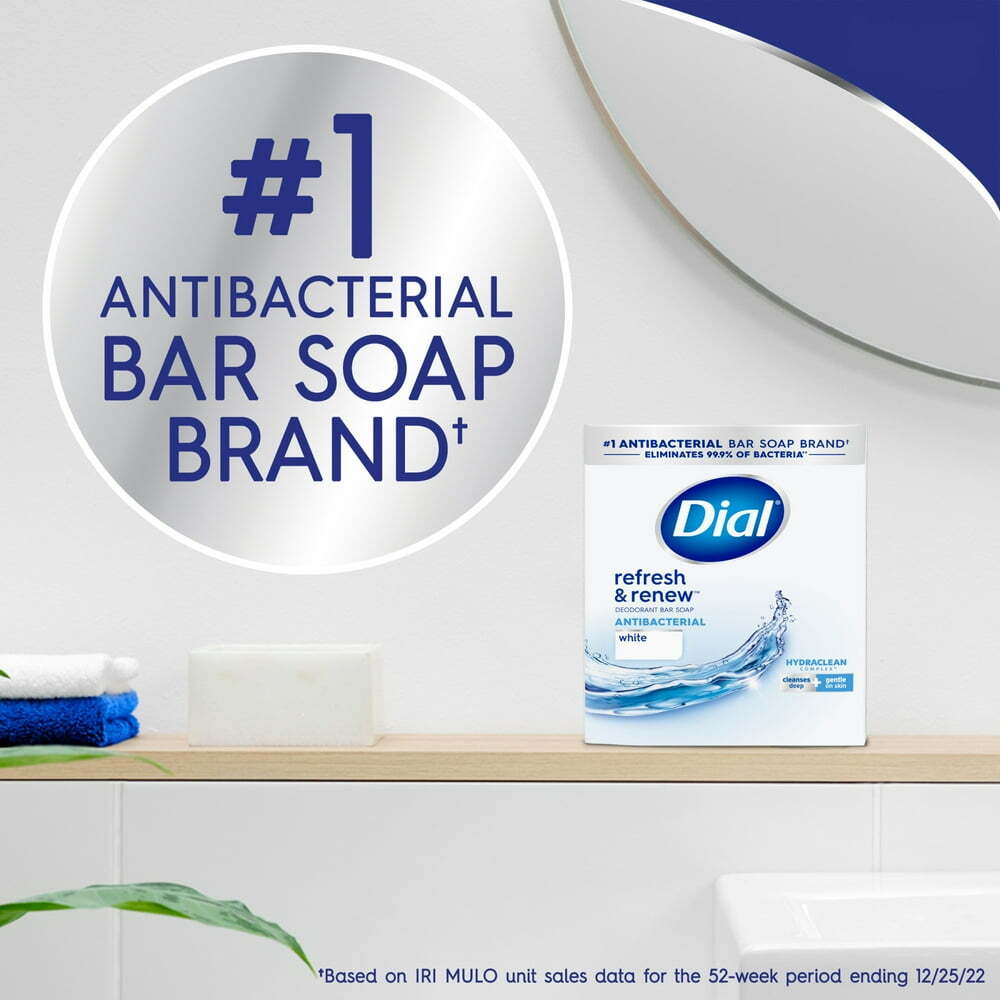 Dial Antibacterial Bar Soap, Refresh & Renew, White, 4 oz, 12 Bars