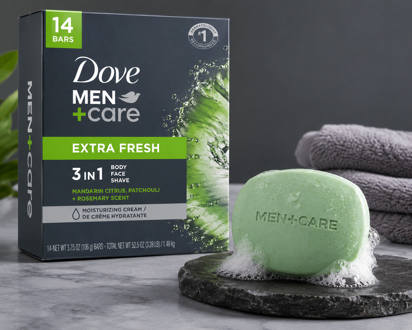 Dove Men+Care 3-in-1 Bar Cleanser – Extra Fresh (14 Bars, 3.75 oz c/u)