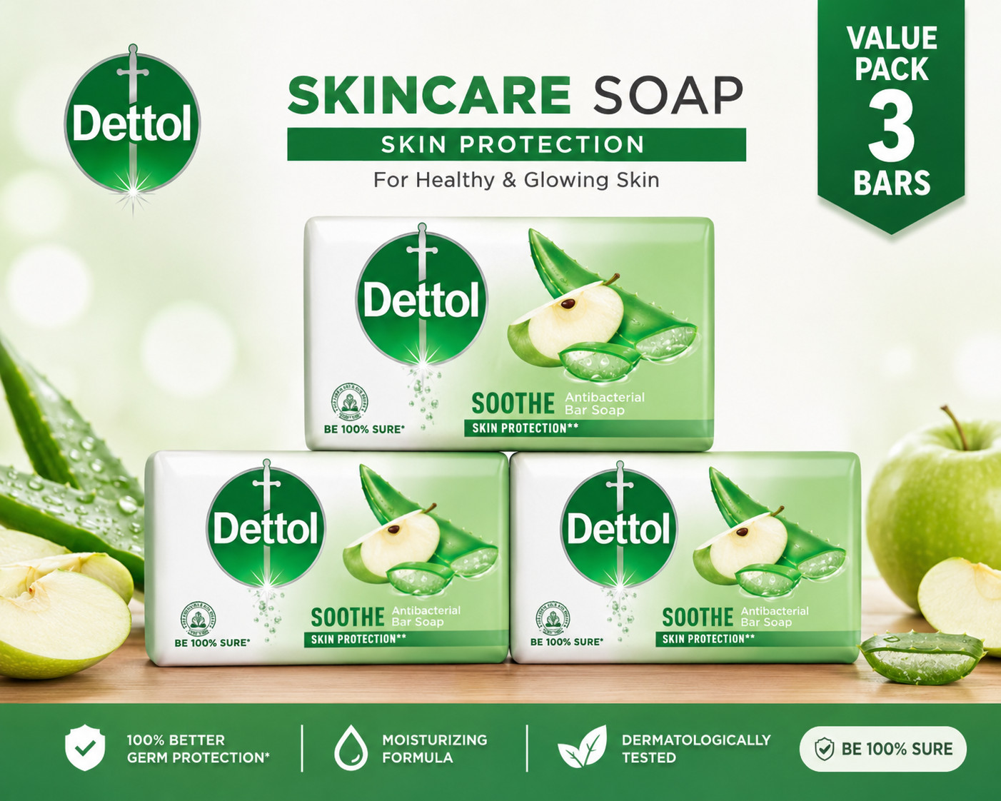 Pack of 3 Dettol Soothe Antibacterial Soap Bar 110g Aloe Vera Bath Soap