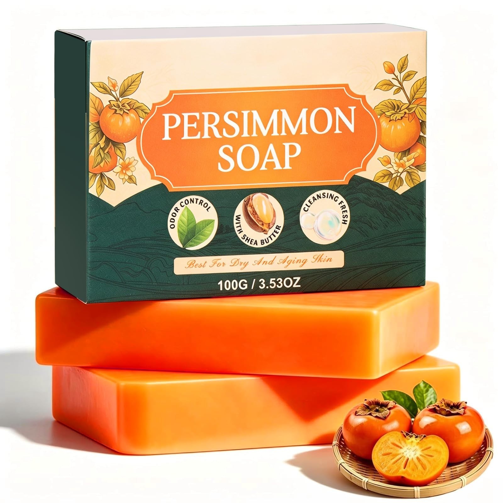 Natural Persimmon Soap 2PCS | Green Tea Extract Deodorizing Bar for All Skin Typ