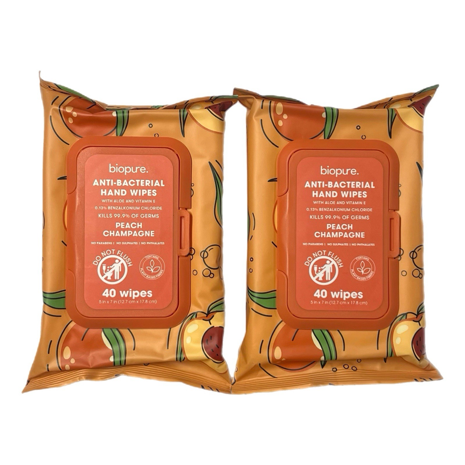 Biopure 2 Pk 80 Total Anti-Bacterial Hand Wipes Peach Champagne- New