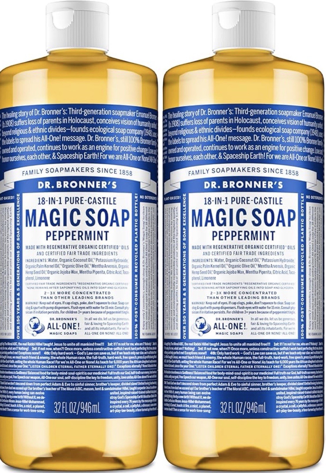 Dr. Bronner’s Pure-Castile Magic Liquid Soap Peppermint, 32 oz (2-Pack)