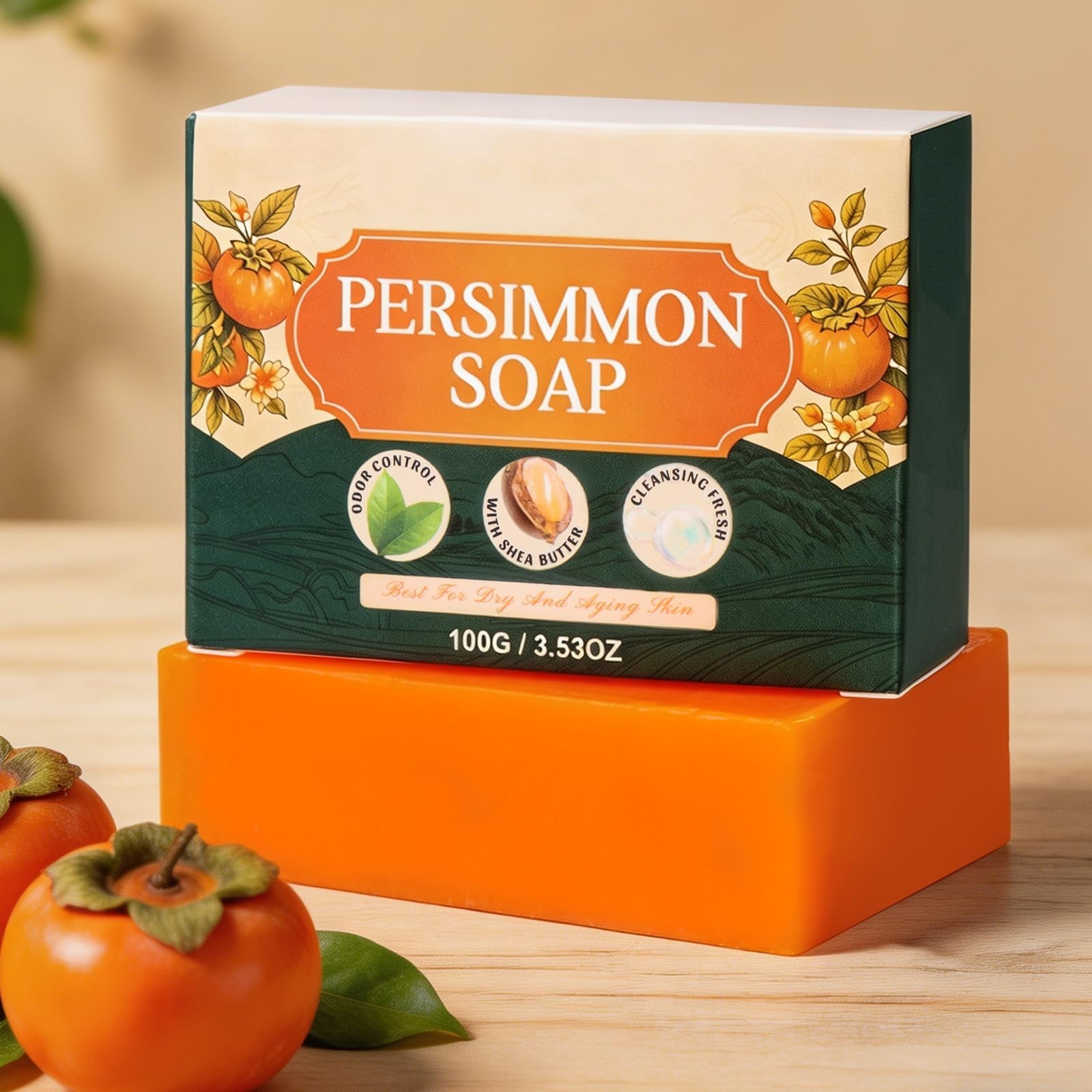 Natural Persimmon Soap 2PCS | Green Tea Extract Deodorizing Bar for All Skin Typ