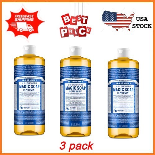 3 pack Dr. Bronner’s Magic Soap – Peppermint – Pure-Castile Liquid Soap – 32 oz