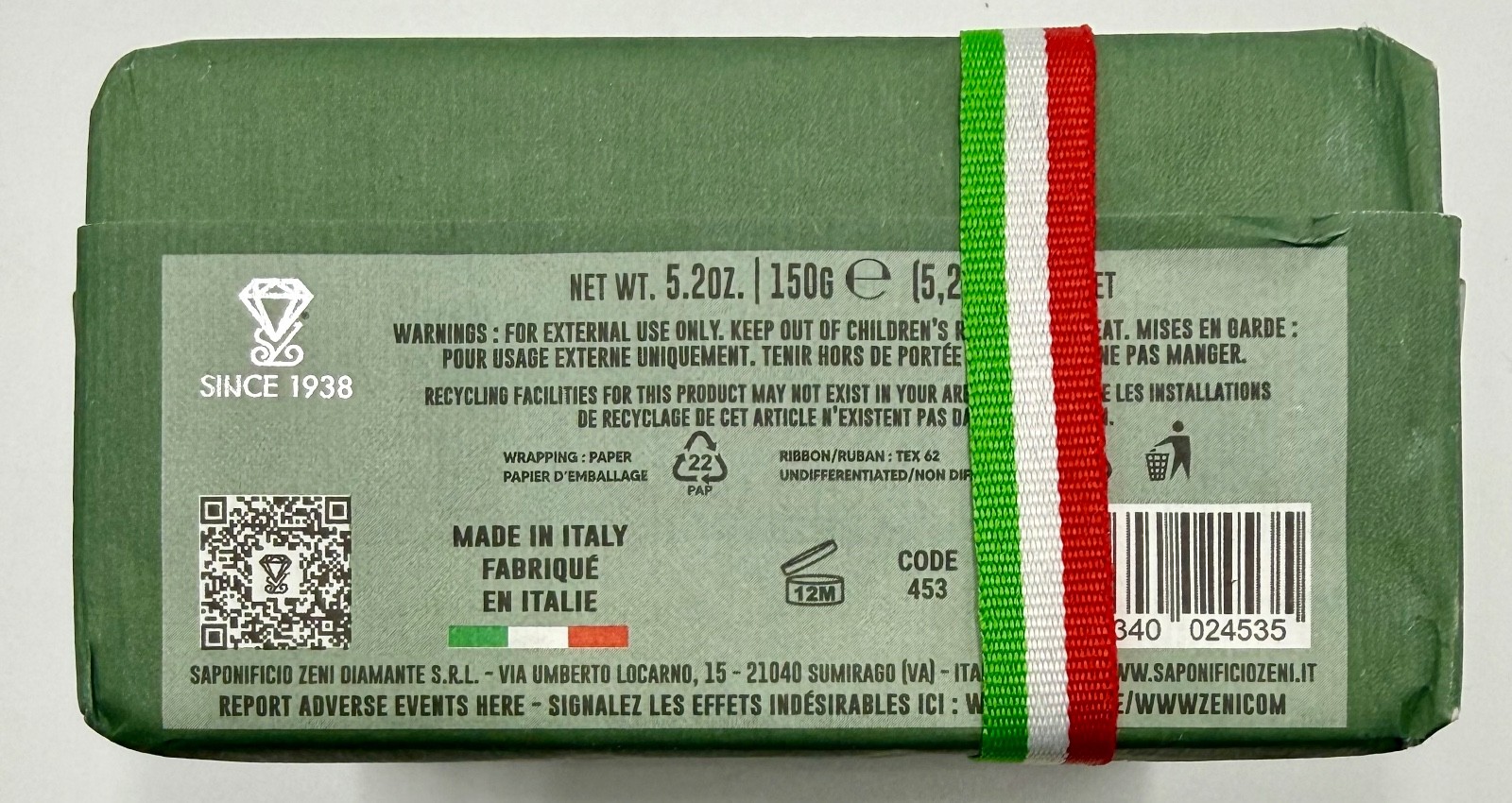 Zeni Green Vetiver Triple Milled Soap Bars 3x 5.2oz Made in Italy Total 15.8oz
