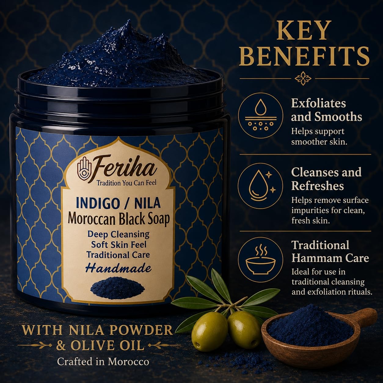 Traditional Moroccan Black Soap with Moroccan Indigo (Nila) – Olive-Based Aut…