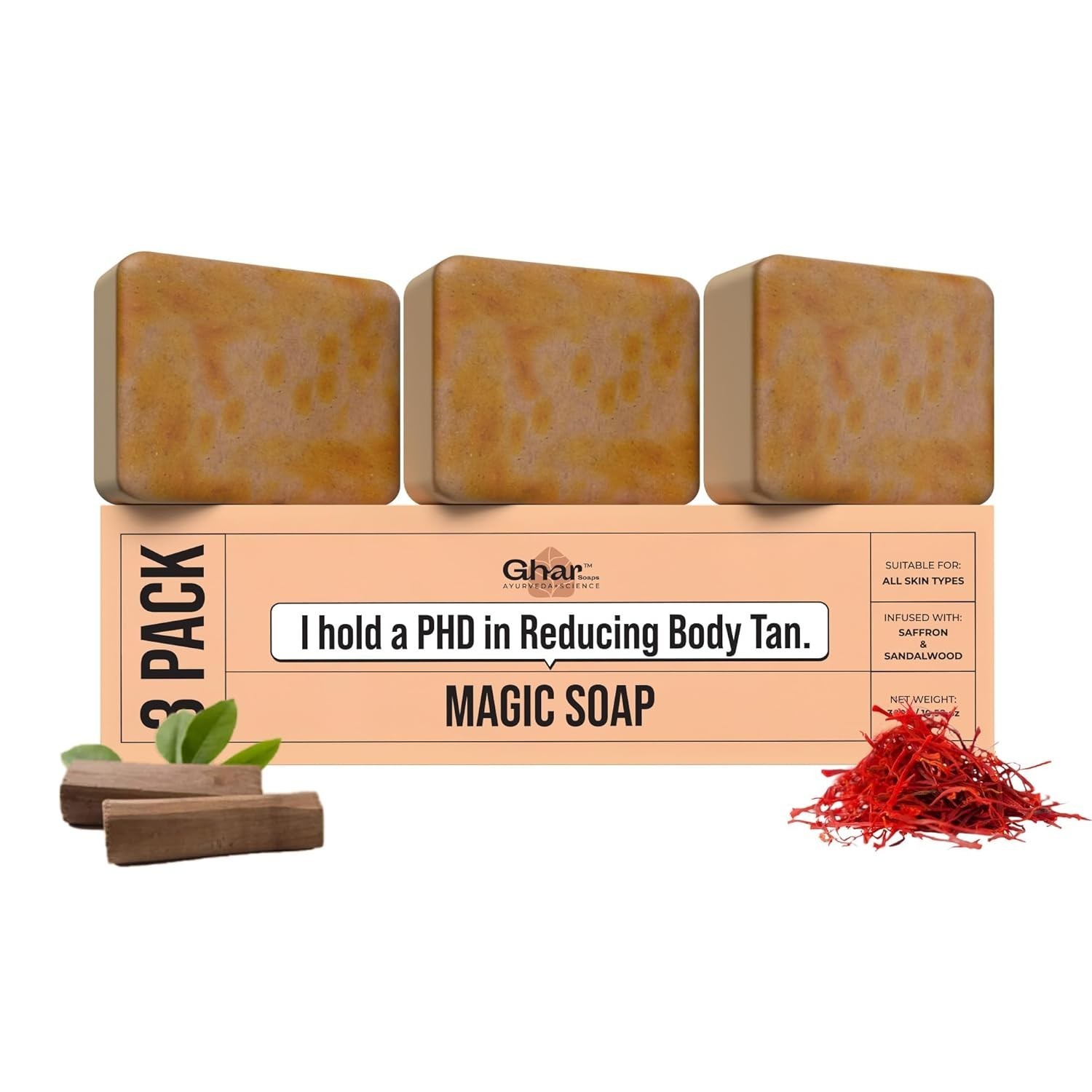 Ghar Soaps Sandalwood & Saffron Bath Soap Pack of 3 | Paraben-Free | Glowing Ski