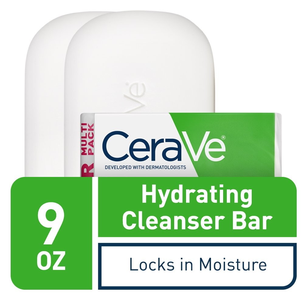 CeraVe Hydrating Cleanser Bar, Soap-Free 4.5 Ounce (Pack of 2), GREEN WHITE