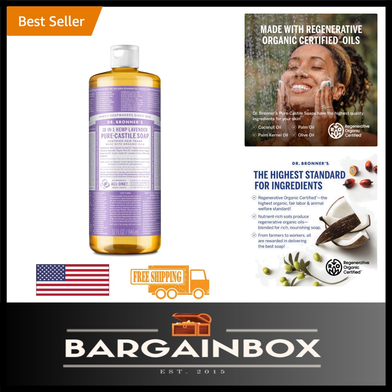 Regenerative Organic Lavender Castile Soap – 18-in-1 for Sensitive Skin, 32oz