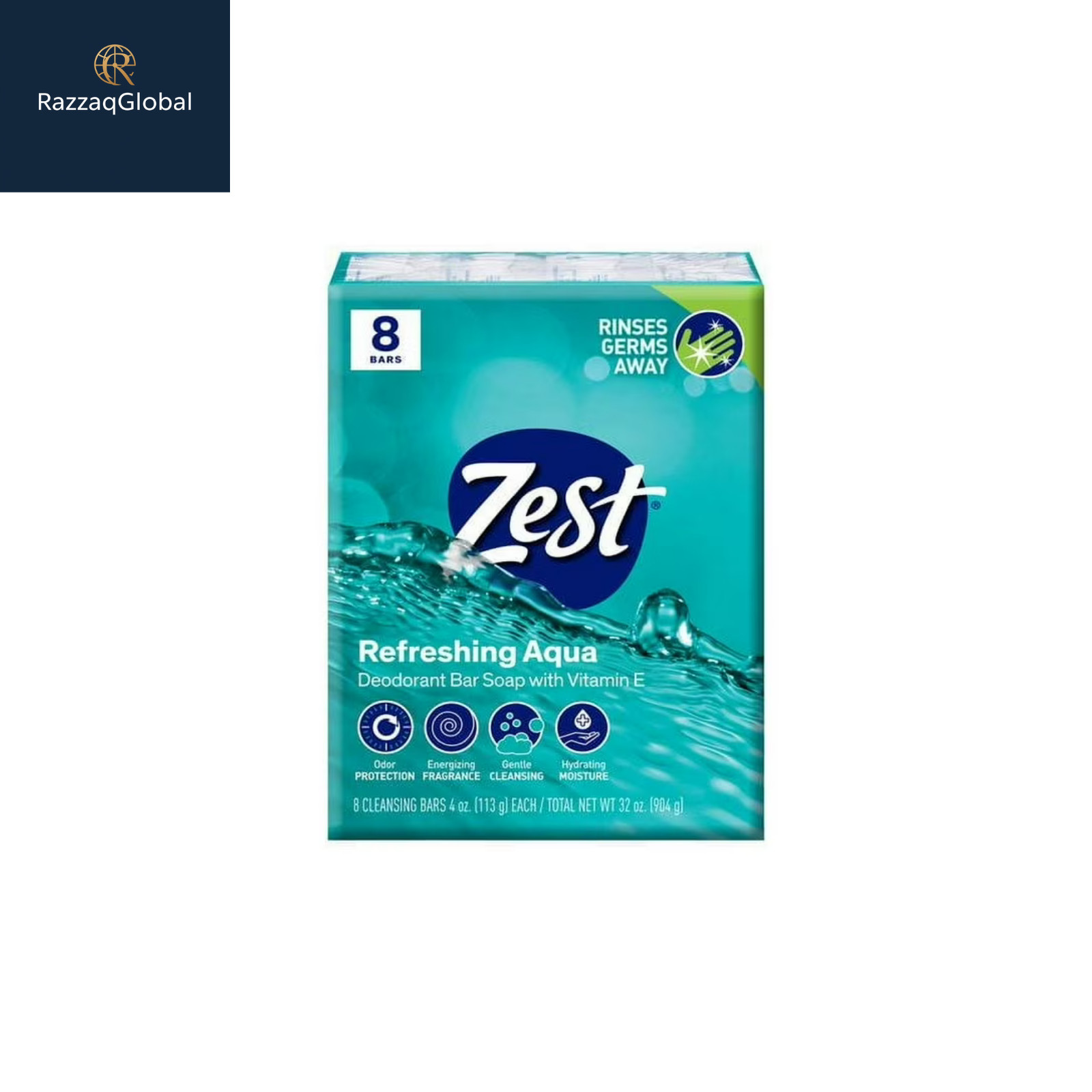 Zest Deodorant Bar Soap, Hydrating Moisture for All Skin Types, Aqua, 4 oz 8 Bar